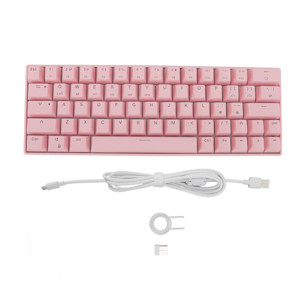 Rosa 64-tangenters mekaniskt tangentbord 5V DC-stöd Trådlöst 2.4G Bluetooth 3.0 5.0 Typ C Trådbundet spelande tangentbord för Windows Röd switch
