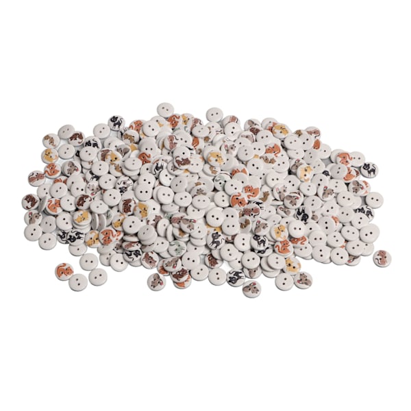 500 stk treknapper i tre med 2 hull, runde dekorative knapper med kattemotiv, assorterte treknapper for barneklær, vesker, håndverk, 15 mm, hvit bakgrunn, fargerik katt