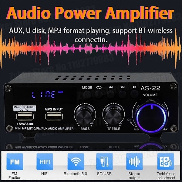 AS22 HiFi Digital Forstærker 30Wx2 2.0 Kanal Bluetooth EU Stik
