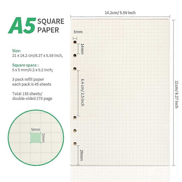 A5 3-pack 5 mm Rutat Papper, 6-Håls Övningspapper