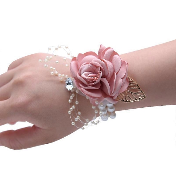Jenter brudepike håndledd corsage brude silke håndleddsblomster med faux perleperler stretch håndledd (Mørk blå)
