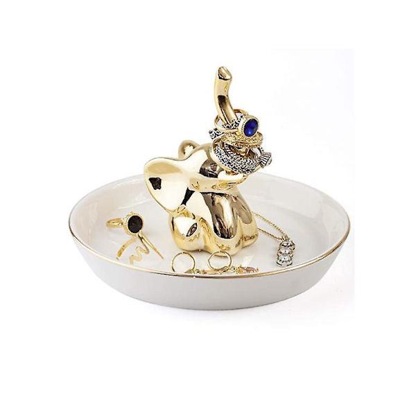 Elefant Skulptur Ringeholder med Keramikplade - Guld Hjortehoved Smykkeorganisator