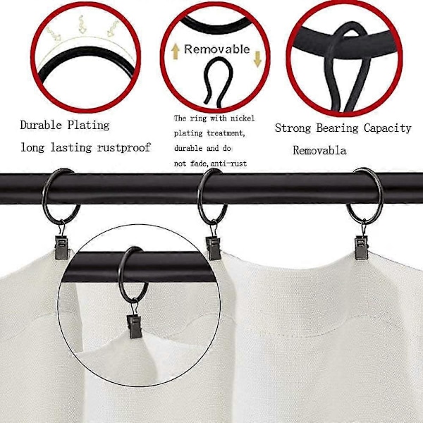 Gardinringar, 20 stycken Svarta Metall Draperihängande Ringar med Klämmor Gardinkrokar för Fönster Sovrum Salong Balkong Gardinstänger (50 MM)