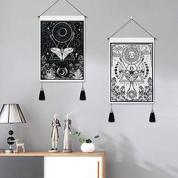 2 kpl Kuu ja Aurinko Seinävaate, Psykeedeelinen Mandala Seinävaate, Tarot Musta Banneri Seinävaate, 35 x 50cm