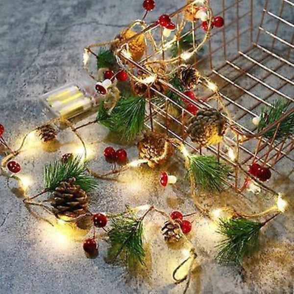 6,5 FT Julelyskæde med Kogler, 20 LED Batteridrevet Juleguirlande med Røde Bær