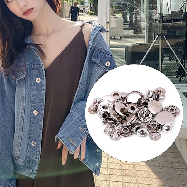 50 set snäppknappar i ren mässing Rund knapp Tyg Bagagedekorationstillbehör (15 mm silver)