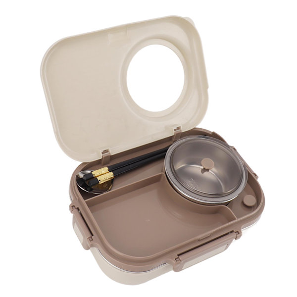 Rostfri lunchlåda med soppskål sked ätpinnar beige läckagesäker bärbar Bento lunchlåda för camping picknick 3 fack 1100ml
