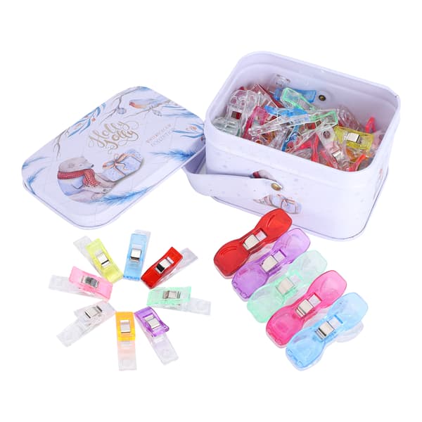 60 stk. syclips i plast i assorterede farver til oplægning, patchwork og strikning