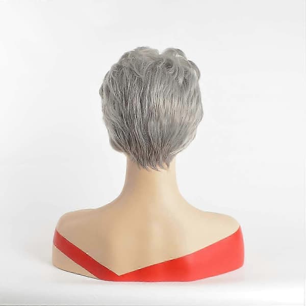 Kort grå peruk för kvinnor Pixie Cut Grå Naturligt lockigt med lugg Syntetisk kort