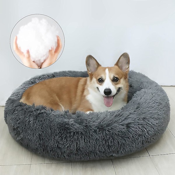 Hundeseng 50CM Katteseng Vaskbar Hundeseng Sklisikker Rund Plysj Dyreseng Rund Pute for Katt Hund (Mørk Grå)