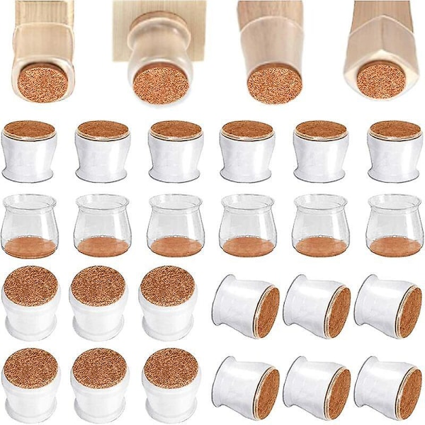 24 stk. Stolbenbeskyttere, transparente silikone stolbenshætter med filtdupper, forhindrer ridser på borde, stole, sofaer og gulve, 30-45 mm