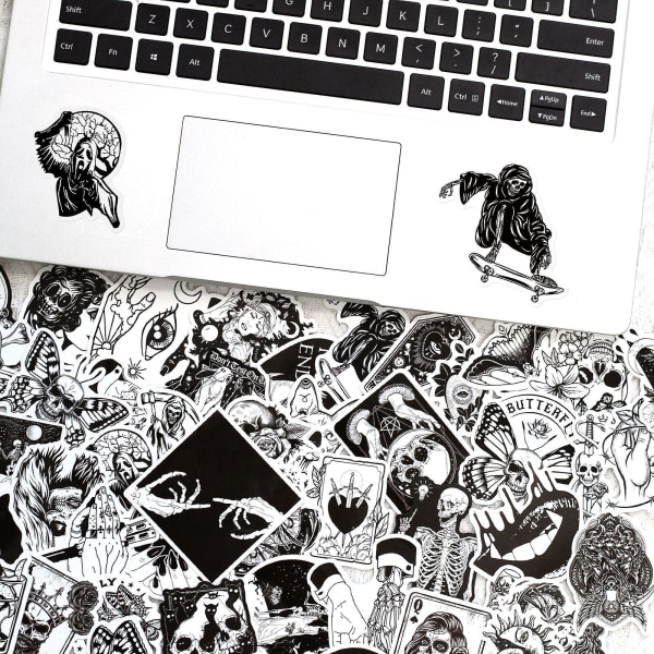 50-pack sort og hvid trendy punk vandtætte vinyl klistermærker til teenagere og voksne - ideel til bærbare computere, guitarer, skateboards og graffiti kunst