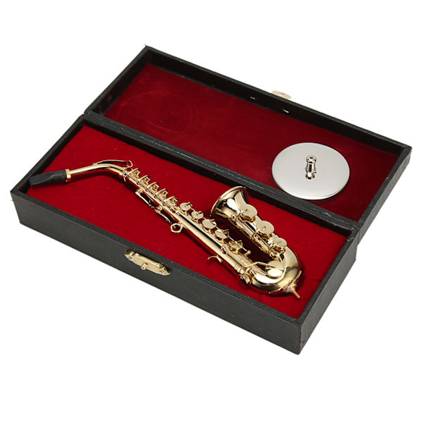 Mini altsaxofon prydnadsdekoration Handgjord miniatyrsaxofon med stativ Tiny altsaxofon dockhus 16 cm