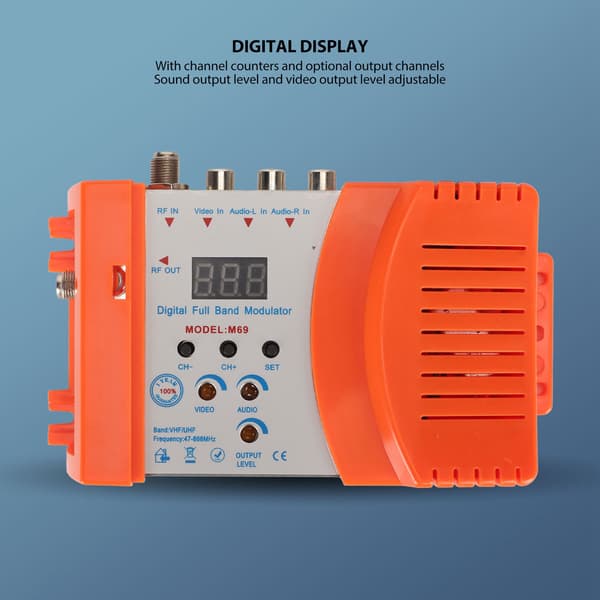 AV til RF Modulator Støtte VHF UHF PAL NTSC TV Link Modulator med Digitalt Display for Dekodere 90‑240V EU Plugg