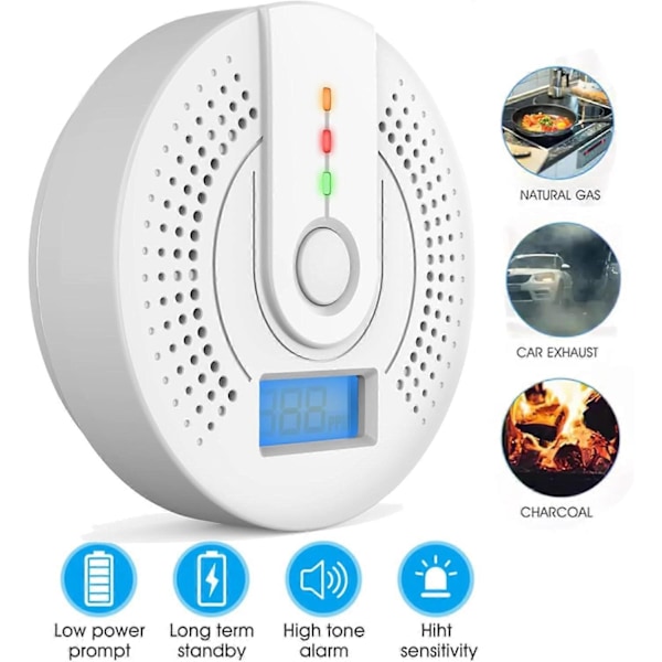 Kolmonoxid Detektor, Kolmonoxid Alarm, CO Detektor med LED-display (AA Batteri INGÅR EJ)