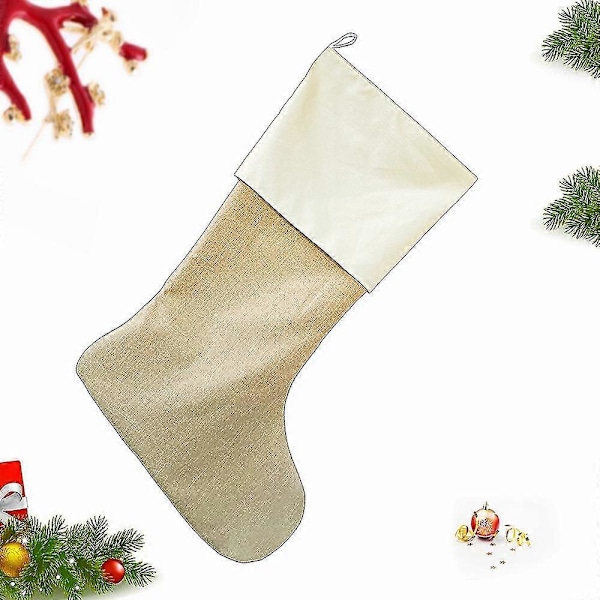 Julstrumpor i säckväv, julstrumpor för upphängning vid öppna spisen, juldekoration, DIY-hantverk (1 st, vit)