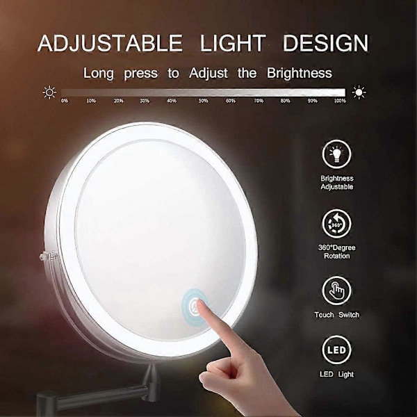 8 tums Väggförstoringsspegel x10 LED Sminkspegel med 0,5 Timmes Automatisk Avstängning Drivs av 4 AAA-batterier (Ingår Ej) Idealisk för badrum