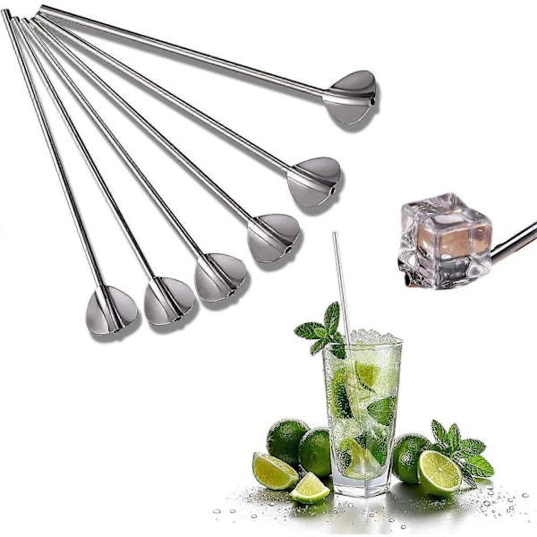Cocktail Ske Sæt, 6 Dele, Genanvendelige Sugerør, Poleret Rustfrit Stål, Tåler Opvaskemaskine