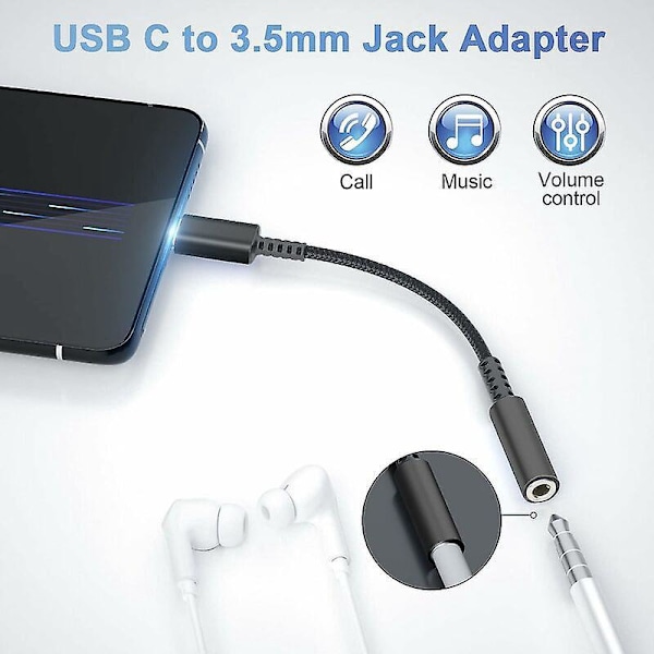 USB C til 3,5 mm Jack Adapter med Hi-Res DAC-brikke - Kompatibel med Samsung Galaxy, Xiaomi