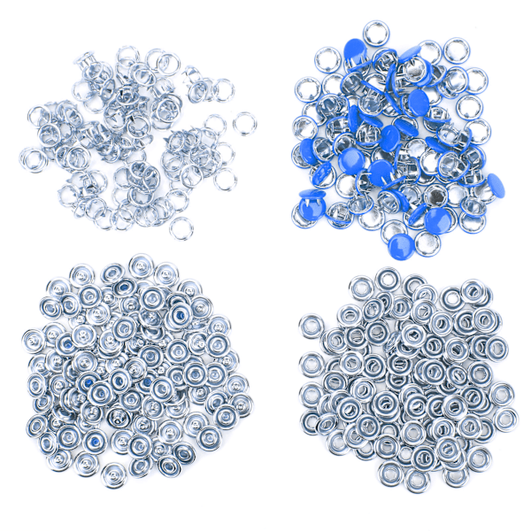 100 sett trykknapper i fargerik messing med installasjonsverktøy - Blå