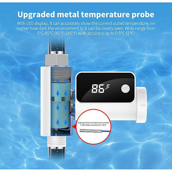 Digital Duschtermometer Intelligent Vattentemperaturmätare Vattenflödesdriven Termometer Roterande LED-Display Skärm Bad Vattentemperaturövervakare