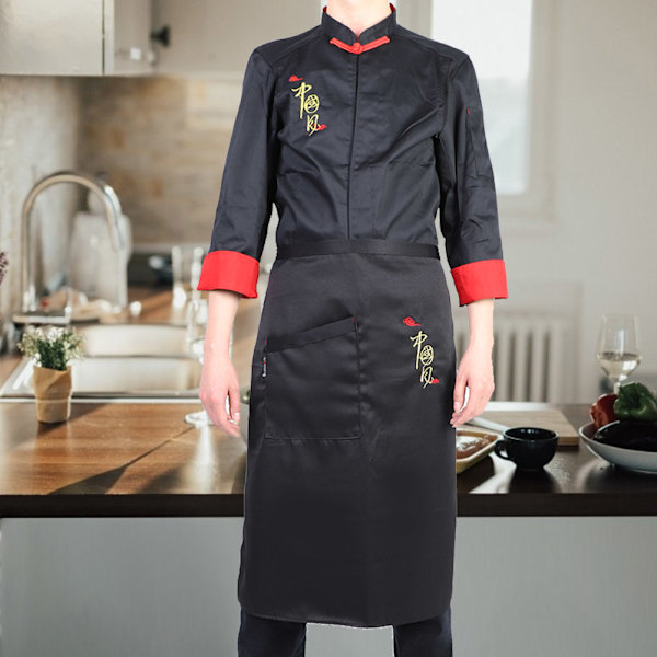 2 stk. Vintage Unisex Kokkeuniform Sæt Kokkejakke Langærmet Kokkefrakke med Forklæde (Sort XXL)