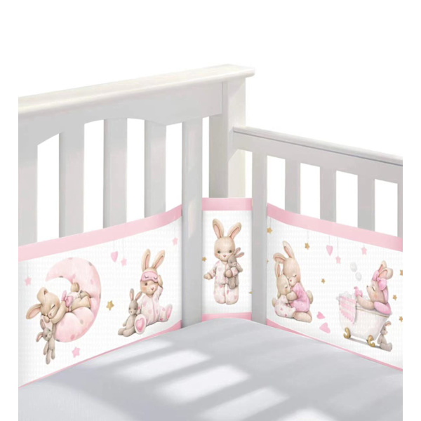 Baby bumper kudde (rosa kanin), sänggavel skydd, 3D andas för sommaren, avtagbar och tvättbar.