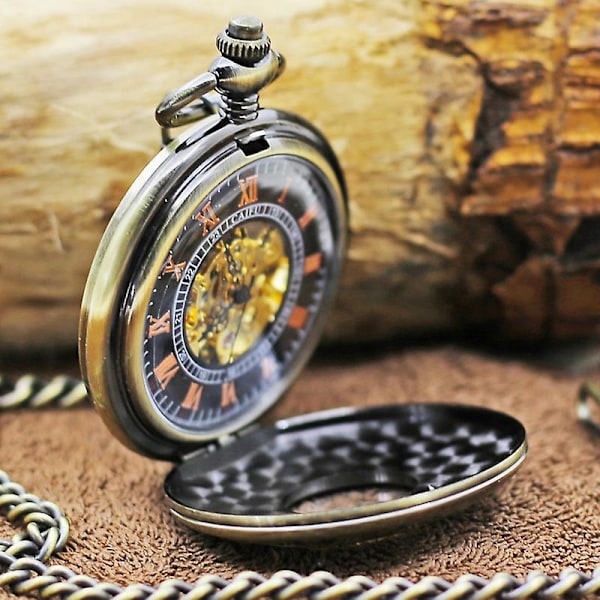 Steampunk Mekanisk Skelettklocka för Män Kopparguldpläterad Dubbellock Retro Stil Hängande Fickur