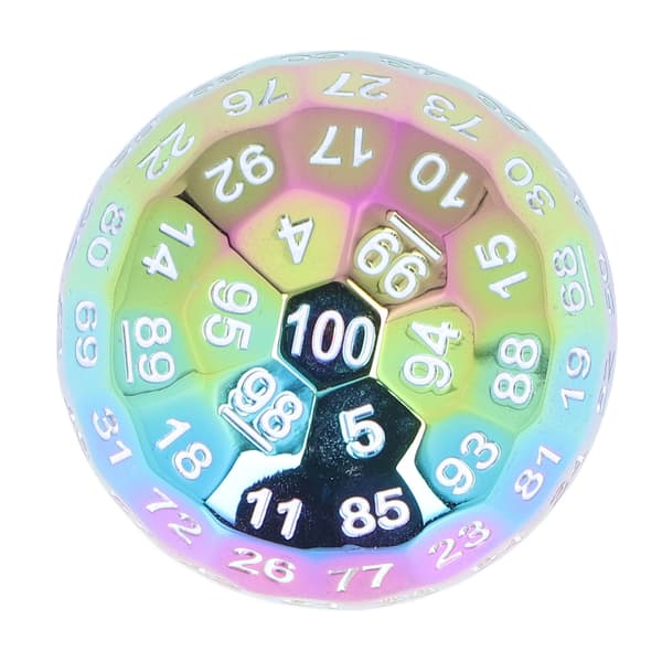 100-siders polyedrisk tallterning i metall, 5 cm diameter, lettlest med fløyelspose for over 14 år, pletteringsfarge