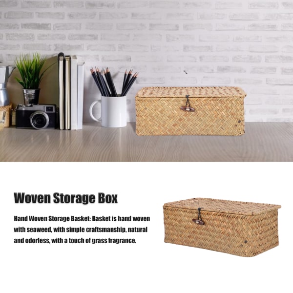 Vävd sjögräs rektangulär förvaringskorg med lock - Desktop Organizer