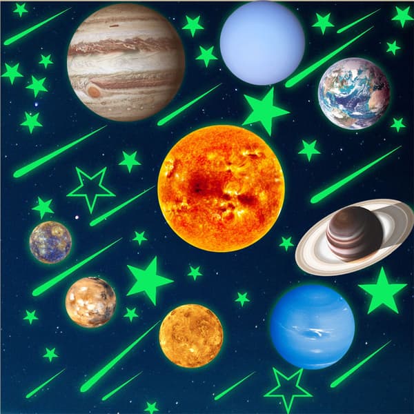 Självlysande solsystemplaneter fluorescerande väggdekaler planetdekaler takväggdekorationdekaler för barnrum