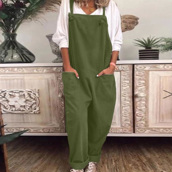 Kvinders Casual Løs Dungarees Jumpsuit - Komfortabel Bomuld og Linned Romper XXL Grøn
