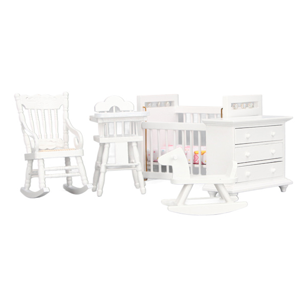 1:12 Dockhusmöbler Modell Set Miniatyr Baby Spjälsäng Gunghäst Stol Skåp Dekoration Tillbehör