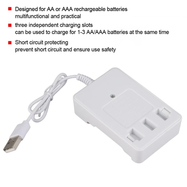 Bærbar ABS 3,6V oplader med tre stik til AA AAA genopladeligt batteri med USB-stik