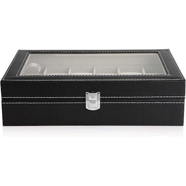 Klockbox med 12 fack gjord av PU-läder, sammet och äkta glas.