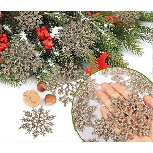 36 stk. Jule Champagne Gull Snøfnugg Ornamenter Plast Glitter Snøfnugg Ornamenter for Vinter Juletre Dekorasjoner Varierende Størrelser Håndverk Snøfnugg
