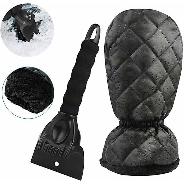 Isskrape med hanske, snøskrape med varmt fleecefôr, snøskrape elastisk lukket vindusvisker for is, snø (svart) 26X9.5CM -