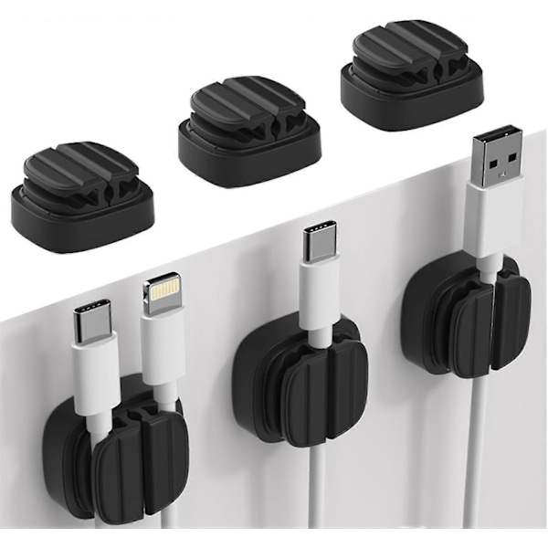Kabel Fjederholder Clips, 6 stk. Ledningsorganisator til Skrivebord, Telefonoplader Ledningsorganisator Clips, Kabelstyring til Natbord Sort
