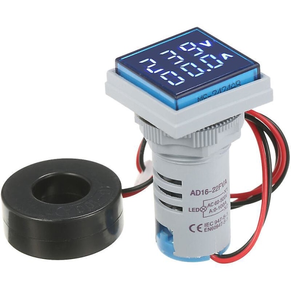 Mini firkantet digitalt volt-amperemeter Dobbel LED-skjermspennings- og strømindikator