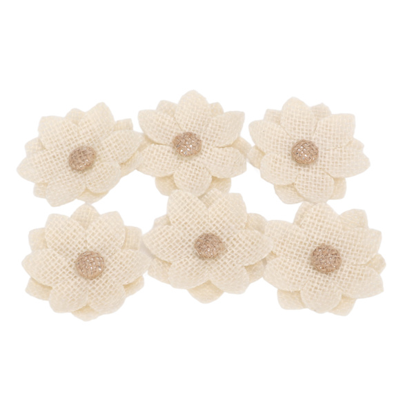 6 stk. Burlap Blomster Lotos Form Europæisk Retro DIY Burlap Blomster Håndlavede Hvide Stof Blomster til Bryllupsfest