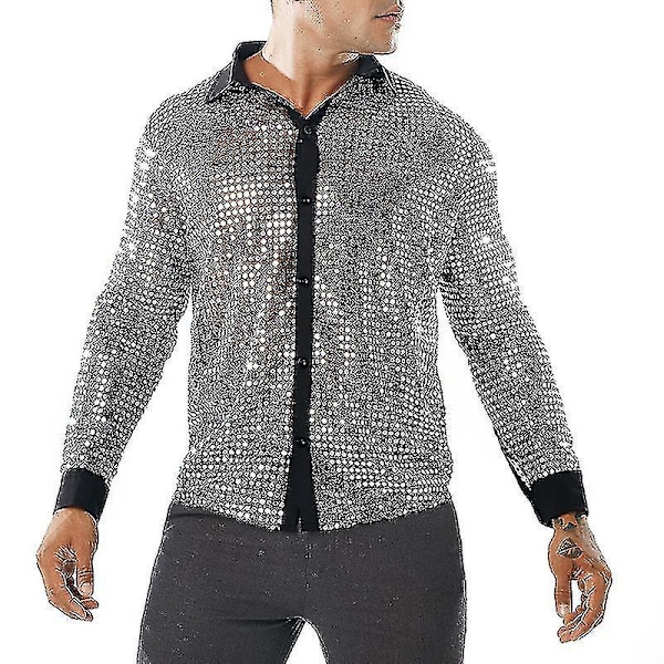 Glittrande paljettmesh-topp för män - Retro 60-tal 70-tal Disco Dance Shirt XL silver