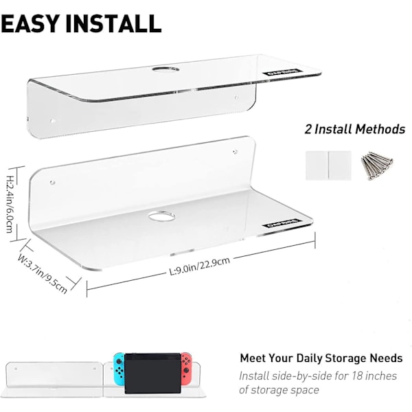 Clear Acrylic Wall Shelves, Set of 2 - 9 x 9.5 x 6cm with 4 Cable Ties