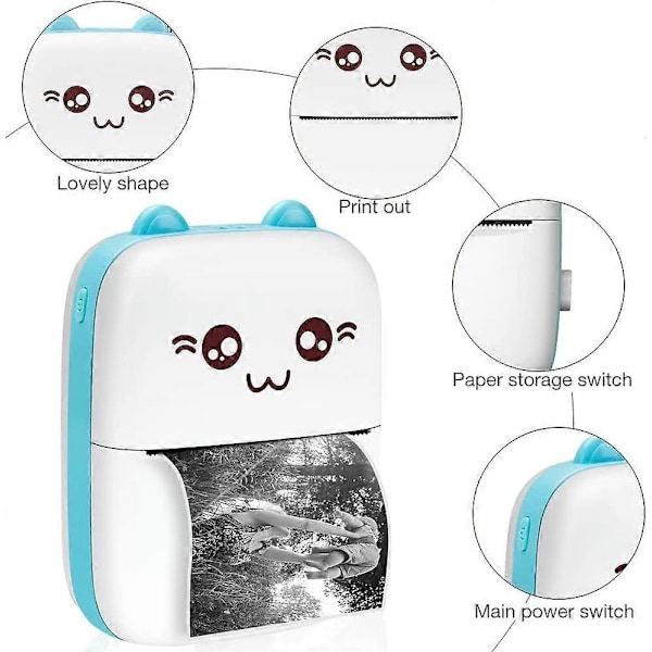 Mini Termisk Printer, Lomme Bluetooth Printer Mobil Termisk Etiketprinter med 5 Ruller Termisk Papir & 6 Farvede Penne, Bærbar Fotoprinter til And