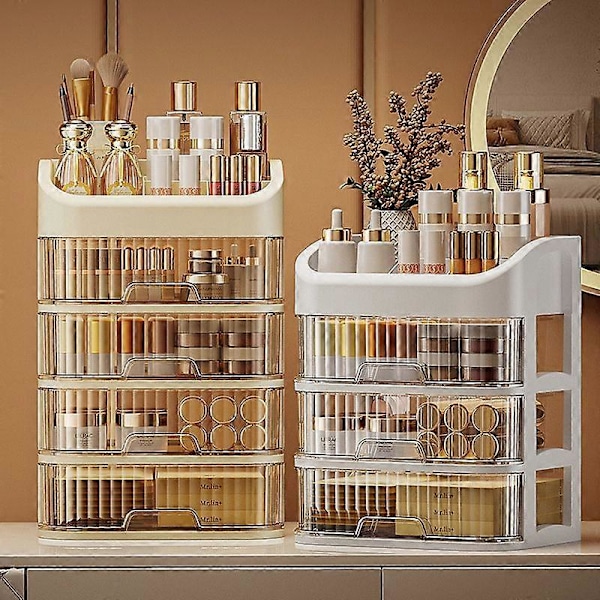 Multi-lags og multifunktionel makeup- og smykkeopbevaringsboks, transparent skrivebordsorganisator, stor kapacitet, hvid, to lag