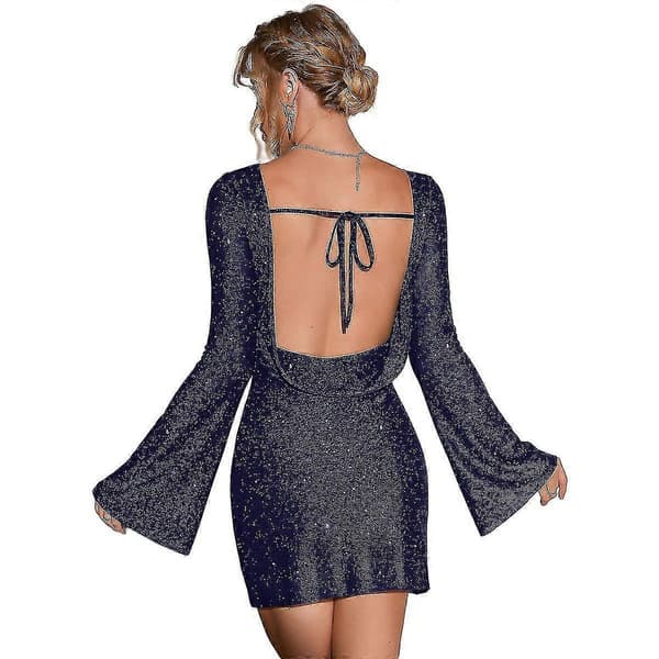 Dame Backless Flæseærme Glitrende Mesh Mini Kjole Chic Og Glamourøs XXL Red