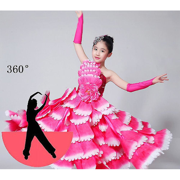 Moderne kronblad danse kjole - Piger Flamenco Ballroom nederdel til sceneoptræden og skoleaktiviteter 5-6 år 360 rose rød