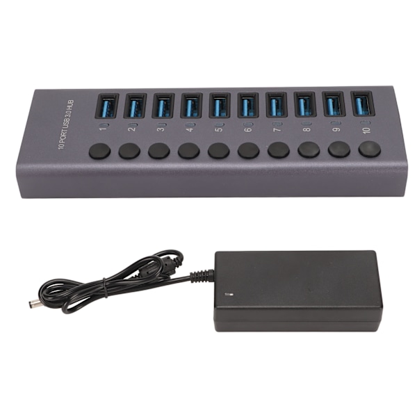10 Port USB3.0 Hub Splitter Uafhængig Strømforsyning Opladning Dataoverførsel Drevet Usb Hub 100‑240V EU Stik