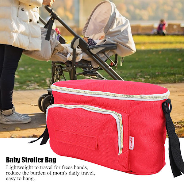 Multifunksjonell babyvogn med stor kapasitet, hengende veskeorganisator, oppbevaringspose, flaskeholder for bleier, rosa rød uten stropp