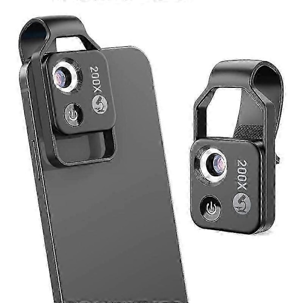 200X Mobiltelefon Mikroskop Tilbehør med CPL Linse, Bærbar Mini Digitalt Mikroskop med LED Lys/Universal Klips