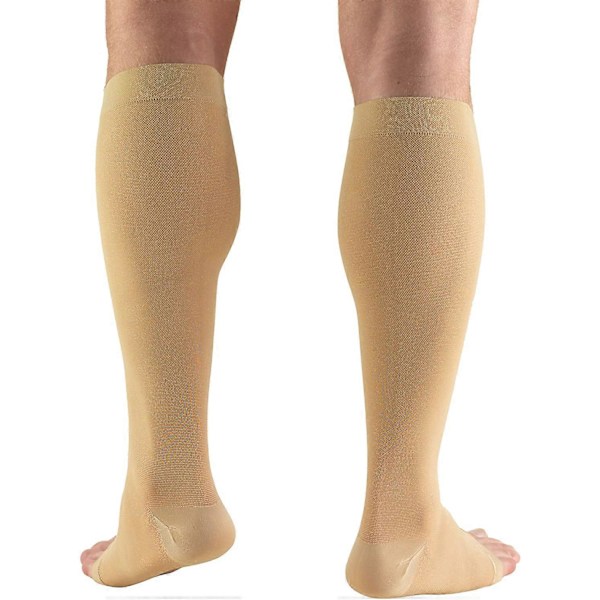 30-40 mmHg Kompressionsstrømper til Mænd og Kvinder, Knæhøj Længde, Åben Tå, Beige, Stor